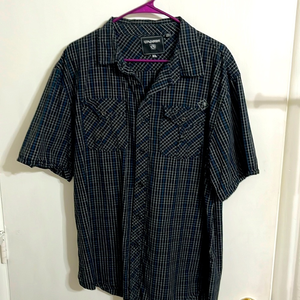 Ocean current men’s short sleeve shirt black blue, and white checked